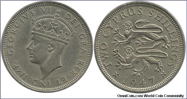 Cyprus-British 2 Cyprus Shilling 1947