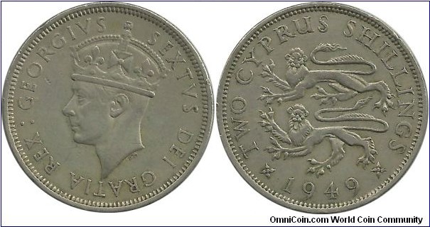 Cyprus-British 2 Cyprus Shilling 1949