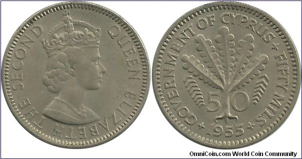 Cyprus-British 50 Mils 1955