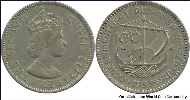 Cyprus-British 100 Mils 1955