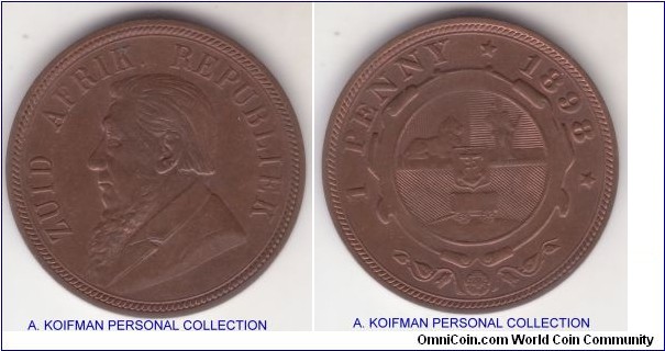 KM-1, 1898 ZAP (South Africa) penny; bronze, plain edge; nice brown, hints of luster about uncirculated.