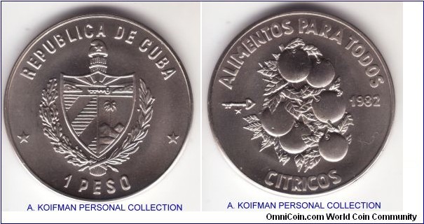 KM-94, 1982 Cuba peso; copper-nickel, plain edge; FAO commemorative - Citrus fruit, mintage 6,609.