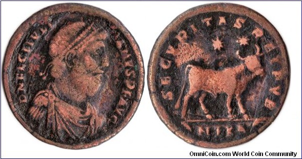 Julian II `The Apostate'(360-3 ad). Ae 1 (28mm)with portrait obverse and bull standing right, reverse, with two stars above. Scarcer roman bronze.