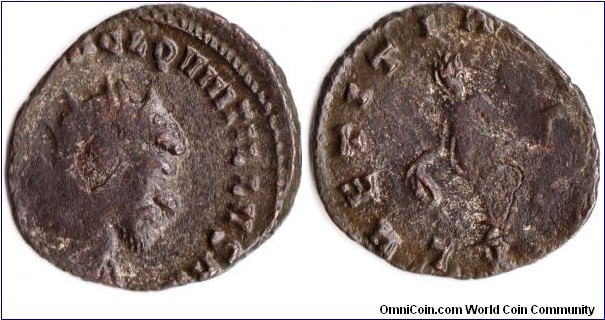 Quintillus Ae antonianus (270 ad). Silvering has long since gone, but underlying coin remains very collectable. Rev Laetitia standing to left.
