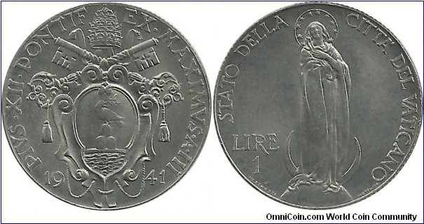 Vatican 1 Lira 1941-Fe