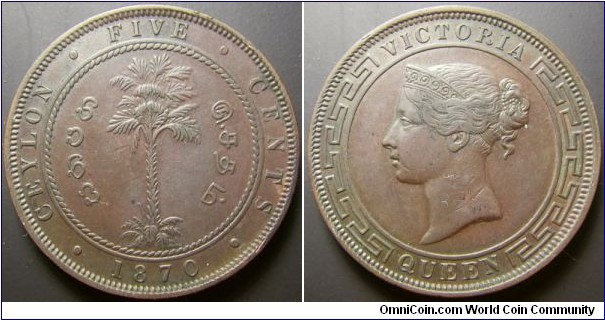 Sri Lanka 1870 5 cents. Nice chocolate color as well as condition.  Weight: 18.82g.