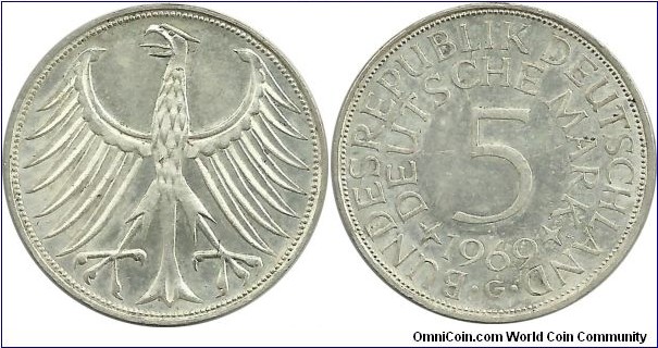 Germany-West 5 DeutscheMark 1969 (.625 Ag)