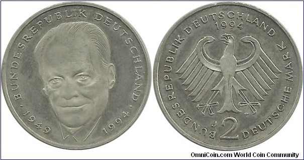 Germany-West 2 DeutscheMark 1994J-Willy Brandt