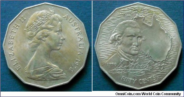 Australia 50 cents.
1970, 200th Anniversary of Cook's Australian Voyage.