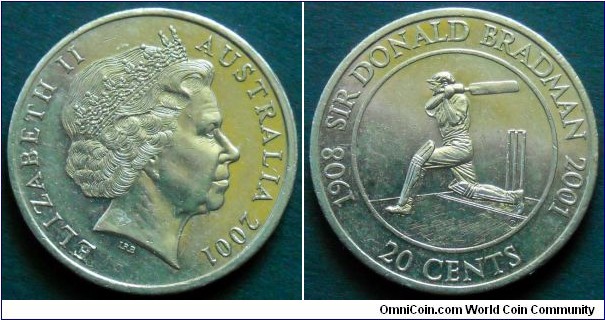 Australia 20 cents.
2001, Sir Donald Bradman (1908-2001)

