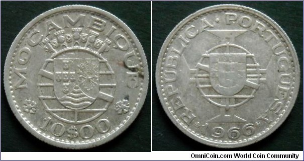 Mozambique 10 escudos.
1966, Portugal administration.
One year type. Ag 680.