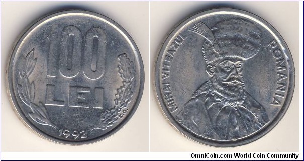 100 Lei (Romania, Post-Revolutionary Republic // Nickel plated steel)