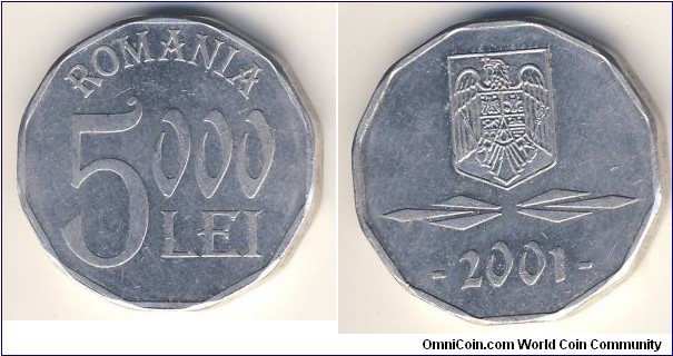 5000 Lei (Romania, Post-Eastern Bloc Republic // Magnesium-Aluminium 75/25)