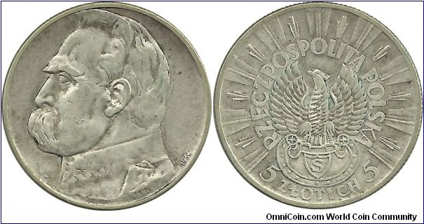 Poland 5 Zlotych 1934- Marshal Józef Piłsudski (Rifle Corps)