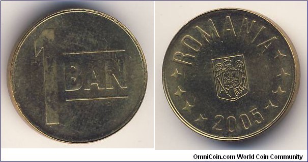 1 Ban (Romania, Post-Eastern Bloc Republic // Eagle without crown // Brass plated steel)