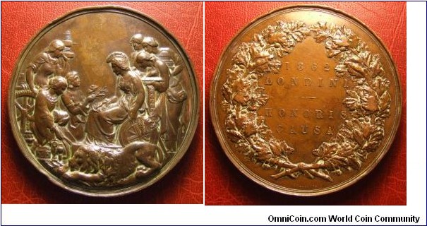 1862 UK The International Exhibition in London Medal by L.C.Wyon & D. Maclise Bucket. Bronze: 77MM
Obv: Britannia enthroned surrounded by allegorical figures for trade, agriculture, art and science. Rev: Londini -HONORIS CAUSA, assigned to Fabart & Coo. CLASS 21.
