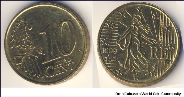 10 Euro Cent (European Union - 5th French Republic // Nordic Gold)