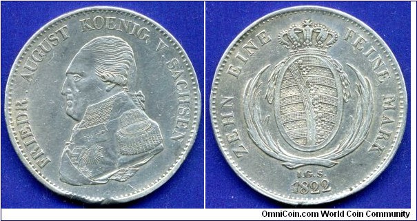 1 Thaler (Speziesthaler).
Kingdom of Saxony (Sachsen).
Friedrich August I (1806-1827) von Sachsen.
Edge lettering: *GOTT SEGNE SACHSEN*.
*IGS* - Dresden mint, mintmaster Johann Gotthelf Studer.
Mintage 512,000 units.


Ag833f. 28,63gr.