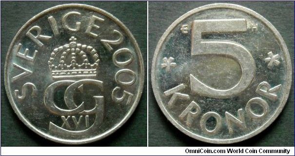 Sweden 5 kronor.
2005, Copper-nickel clad nickel (H)