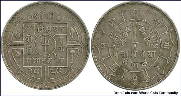 Nepal 50 Paisa 1989(1932) - (.800 Ag) KM#718