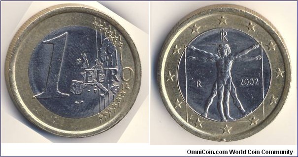 1 Euro (European Union - Italian Republic // Bimetallic: copper-nickel clad nickel centre in nickel brass ring)