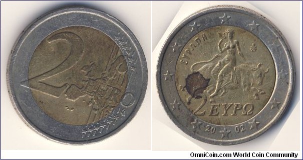 2 Euro (European Union - 3rd Hellenic Republic // Bimetallic: nickel brass clad nickel centre in copper-nickel ring)