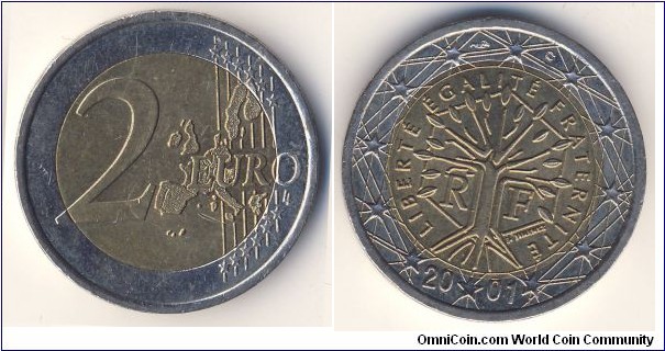 2 Euro (European Union - 5th French Republic // Bimetallic: nickel brass clad nickel centre in copper-nickel ring)
