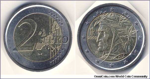 2 Euro (European Union - Italian Republic // Bimetallic: nickel brass clad nickel centre in copper-nickel ring)