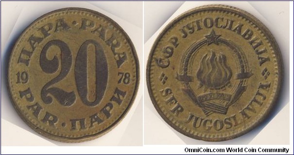 20 Para (Socialist Federal Republic of Yugoslavia / Hard Dinar // Aluminium-Brass)
