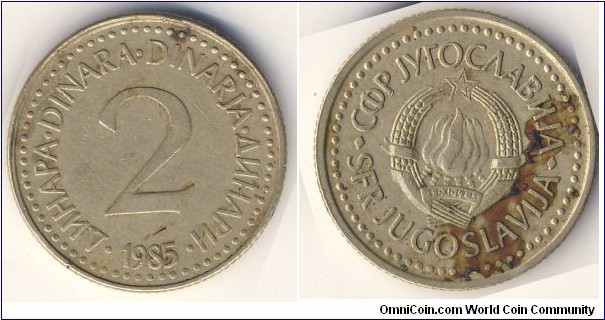 2 Dinara (Socialist Federal Republic of Yugoslavia / Hard Dinar // Nickel Brass)