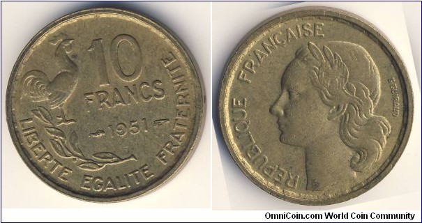 10 Francs (4th French Republic // Copper-Aluminium 91/9)