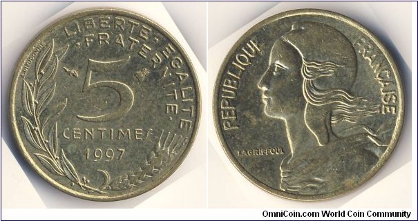 5 Centimes (5th French Republic // Copper-Aluminium-Nickel 92/6/2)