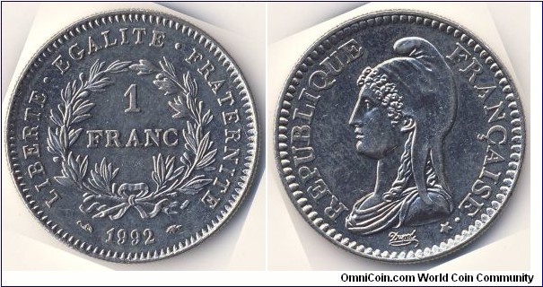 1 Franc (5th French Republic / 200th Anniversary of the First French Republic // Nickel 6g)