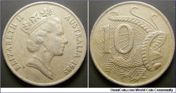 Australia 1985 10 cents. Low mintage of 2 million. Pulled from circulation. Weight: 5.66g. 