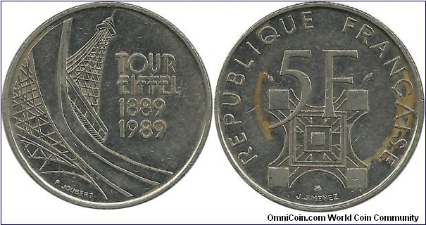 FranceComm 5 Francs 1989-Centennial - Erection of Eiffel Tower