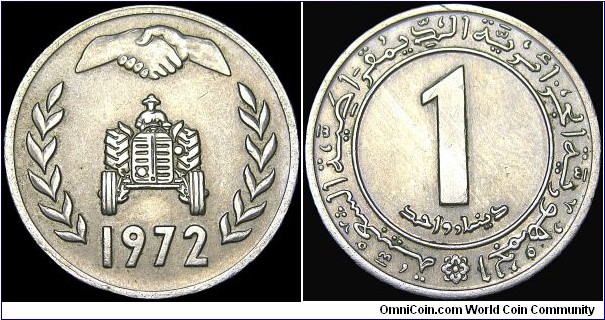 Algeria - 1 Dinar - 1972 - Weight 7,0 gr - Copper/Nickel - Size 24,96 mm - Thickness 2,0 mm - Alignment Coin (180°) - Engraver Obverse / M. Temmam - FAO - Land Reform - Edge : Milled - Mintage 20 000 000 - Reference KM# 104.1 (1972)