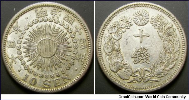 Japan 1911 10 sen. Nice condition! Weight: 2.26g. 
