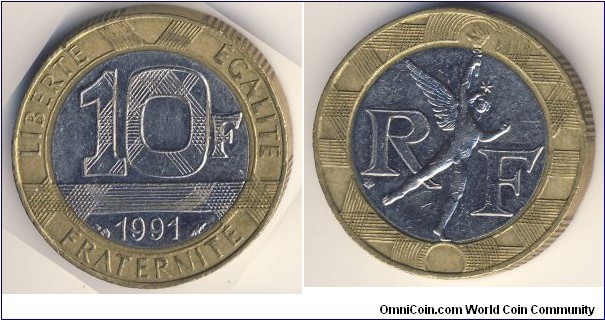 10 Francs (5th French Republic // Bimetallic: Nickel centre in Copper-Aluminium-Nickel ring)