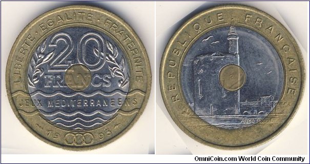 20 Francs (5th French Republic / 1993 Mediterranean Games, Languedoc-Roussillon // Trimetallic: Copper-Aluminium-Nickel core, Nickel middle ring and Copper-Aluminium-Nickel outer ring)