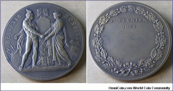 1871 France Helvetiae Hospiti in commemorating aid given by the Swiss to the French Medal by A. Borrell. Bronze: 71MM
