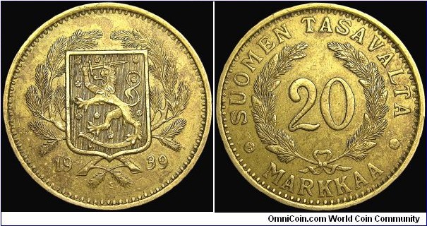 Finland - 20 Markkaa - 1939 - Weight 13 gr - Aluminium-Bronze - Size 31 mm - Alignment Medal (0°) - President / Kyösti Kallio (1937-40) - Engraver Obverse / Isak Sundell - Edge : Reeded - Mintage 960 000 - Reference KM# 32 (1931-39)