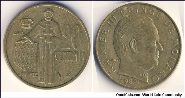 20 Centimes (Principality of Monaco / Prince Rainier III / Aluminium-Bronze // Low Mintage: 100.000 pcs)