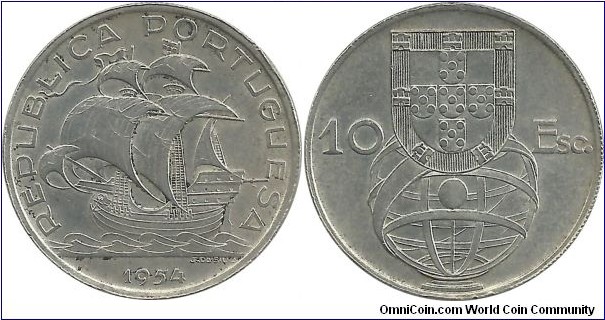 Portugal 10 Escudos 1954-Ag