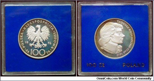 Poland 100 zlotych.
1976, Tadeusz Kosciuszko (1746-1817) Ag 625. Weight;16,5g. Diameter: 32mm. Proof.