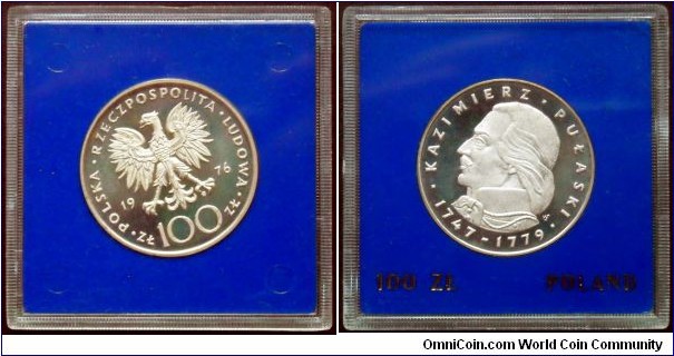 Poland 100 zlotych.
1976, Kazimierz Pulaski (1747-1779) Ag 625. Weight; 16,5g. Diameter; 32mm. Proof.