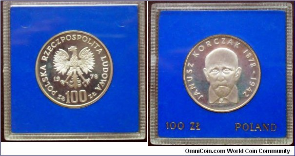 Poland 100 zlotych.
1978, Janusz Korczak (1878-1942) Ag 625. Weight; 16,5g. Diameter; 32mm. Proof.