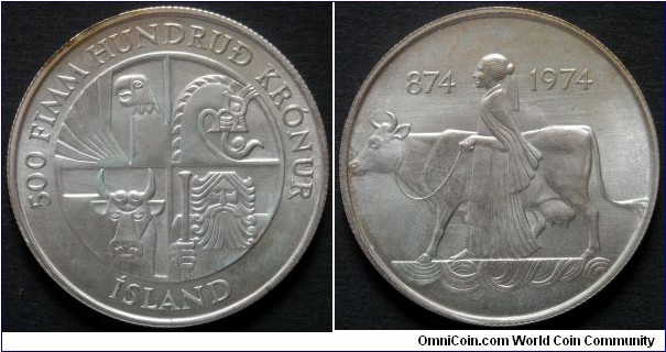 Iceland 500 kronur.
1974, 1100th anniversary of First Settlment.
Ag 925. Weight; 20g. Diameter; 35mm.
Mintage: 70.000 units.