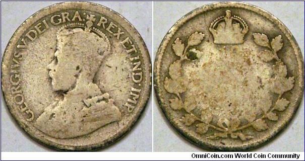 King George, old Canadian 25 cent piece found in circulation.  Worn very thin, date approximate, Ag