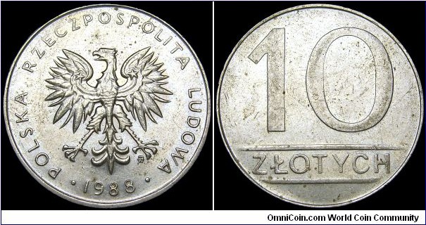 Poland - 10 Zlotych - 1988 - Weight 7,7 gr - Copper-nickel - Size 25 mm - Thickness 2,04 mm - Alignment Medal (0°) - Edge : Milled - Mintage 102 493 000 - Reference Y# 152.1 (1984-88)