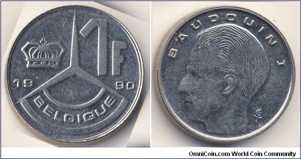 1 Franc (Kingdom of Belgium / King Baudouin I // Nickel plated steel)